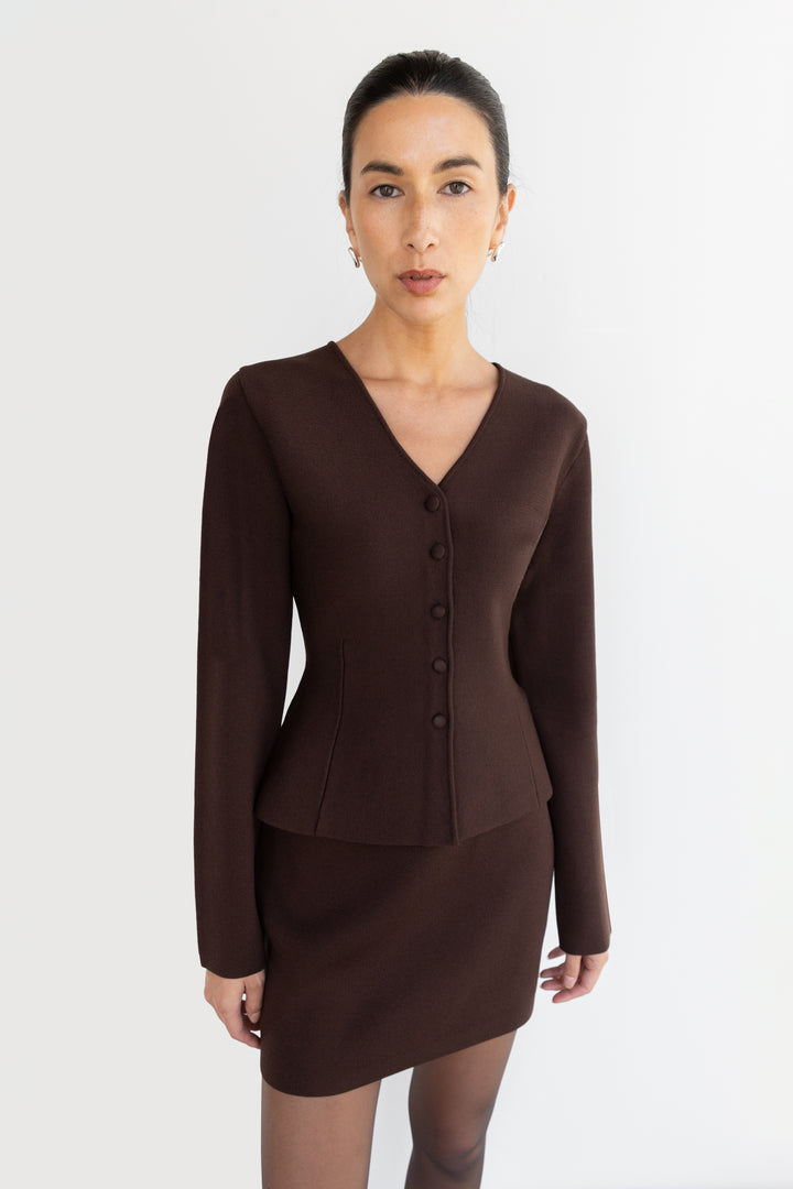 BUTTON FRONT PEPLUM SWEATER in Coffee Bean — alternate angle