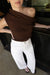 Slouchy short sleeve off the shoulder knit sweater in brown stone — main image