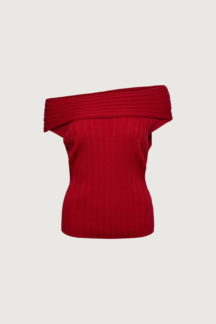 SLOUCHY SHORT SLEEVE OFF THE SHOULDER KNIT SWEATER in Crimson — alternate angle