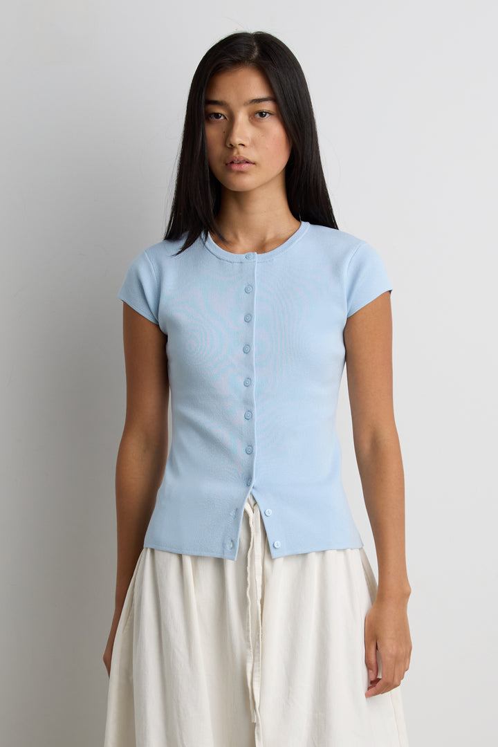CAP SLEEVE BUTTON FRONT SWEATER in Skyride — alternate angle