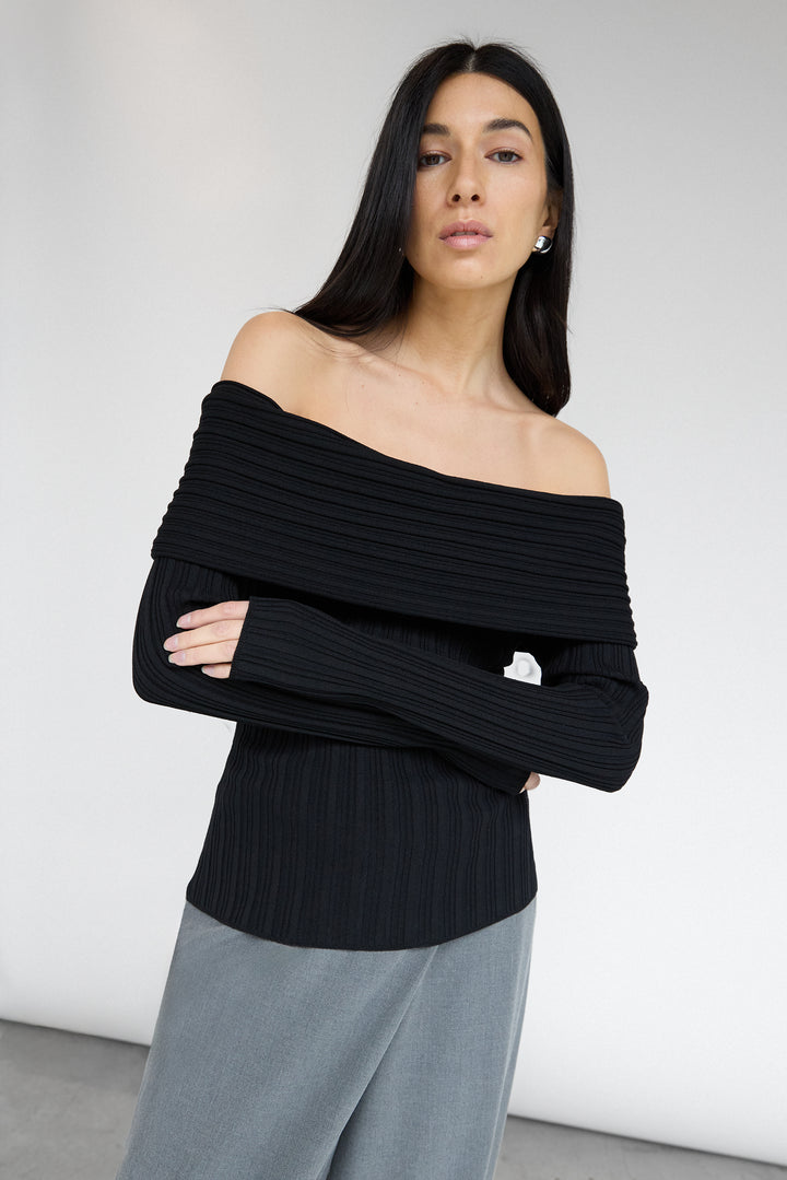RIBBED OFF THE SHOULDER SWEATER in Black — alternate angle