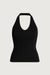 Ribbed knit halter tank top in black — main image