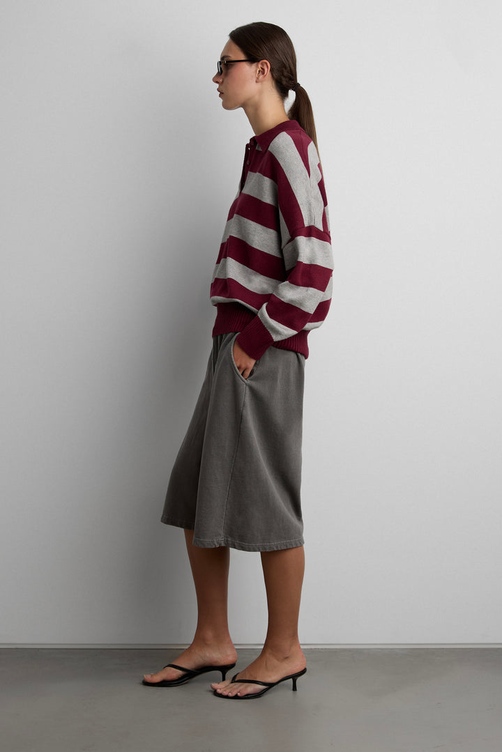 STRIPED RUGBY POLO SWEATER in GREY CREAM STRIPE — alternate angle