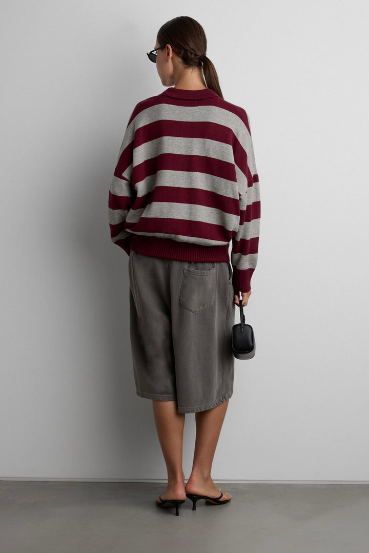 STRIPED RUGBY POLO SWEATER in SYRAH GREY STRIPE — alternate angle