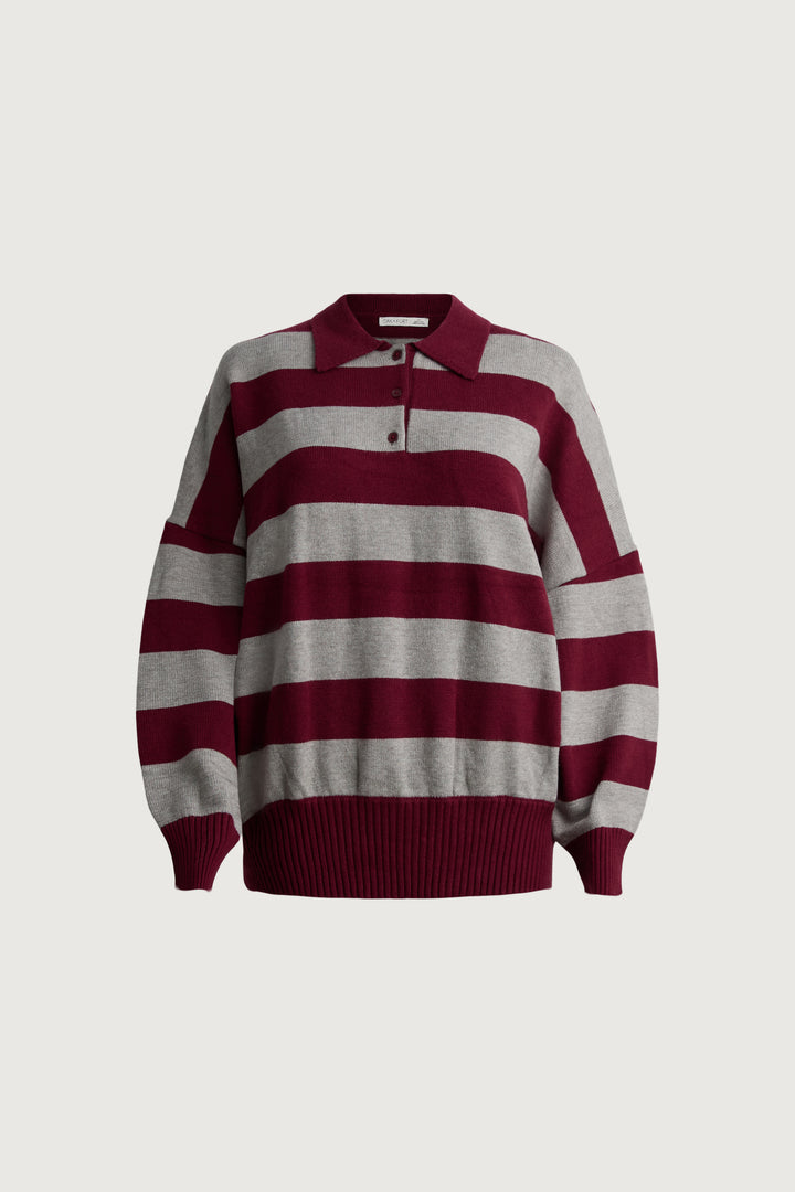 STRIPED RUGBY POLO SWEATER in GREY CREAM STRIPE — alternate angle