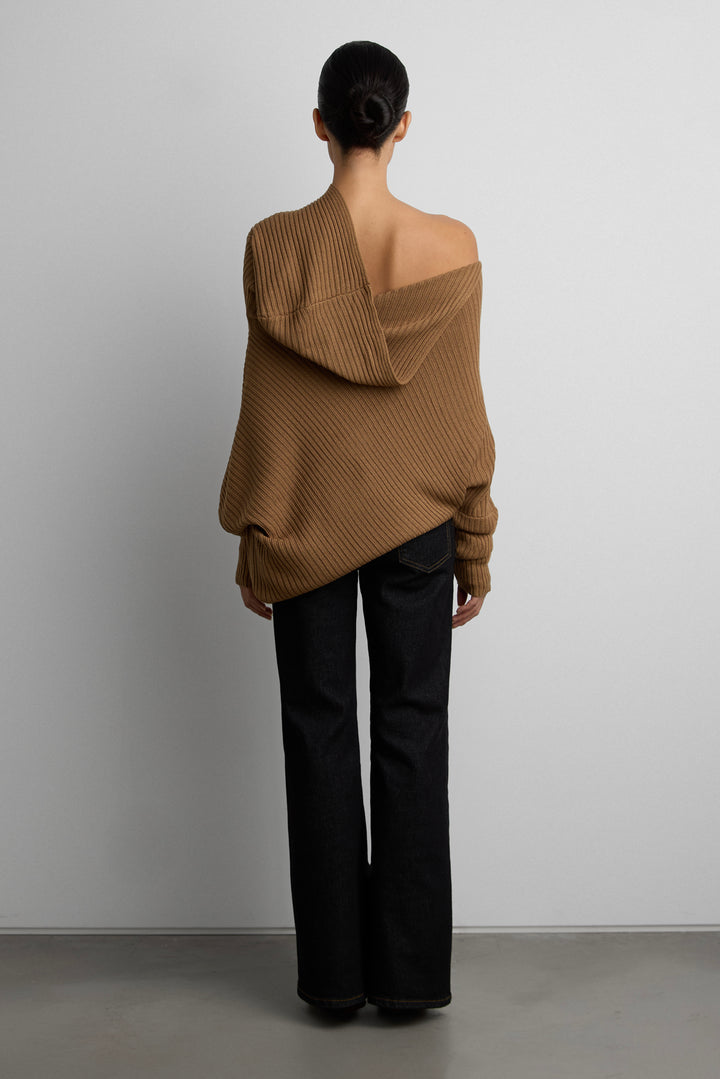 RIBBED OFF THE SHOULDER SWEATER HOODIE in Shitake Brown — alternate angle
