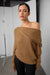 Ribbed off the shoulder sweater hoodie in shitake brown — main image