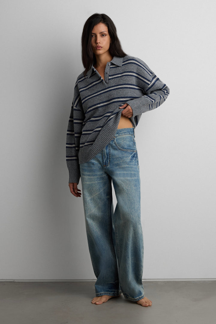 STRIPED POLO SWEATER in HEATHER GREY STRIPE — alternate angle