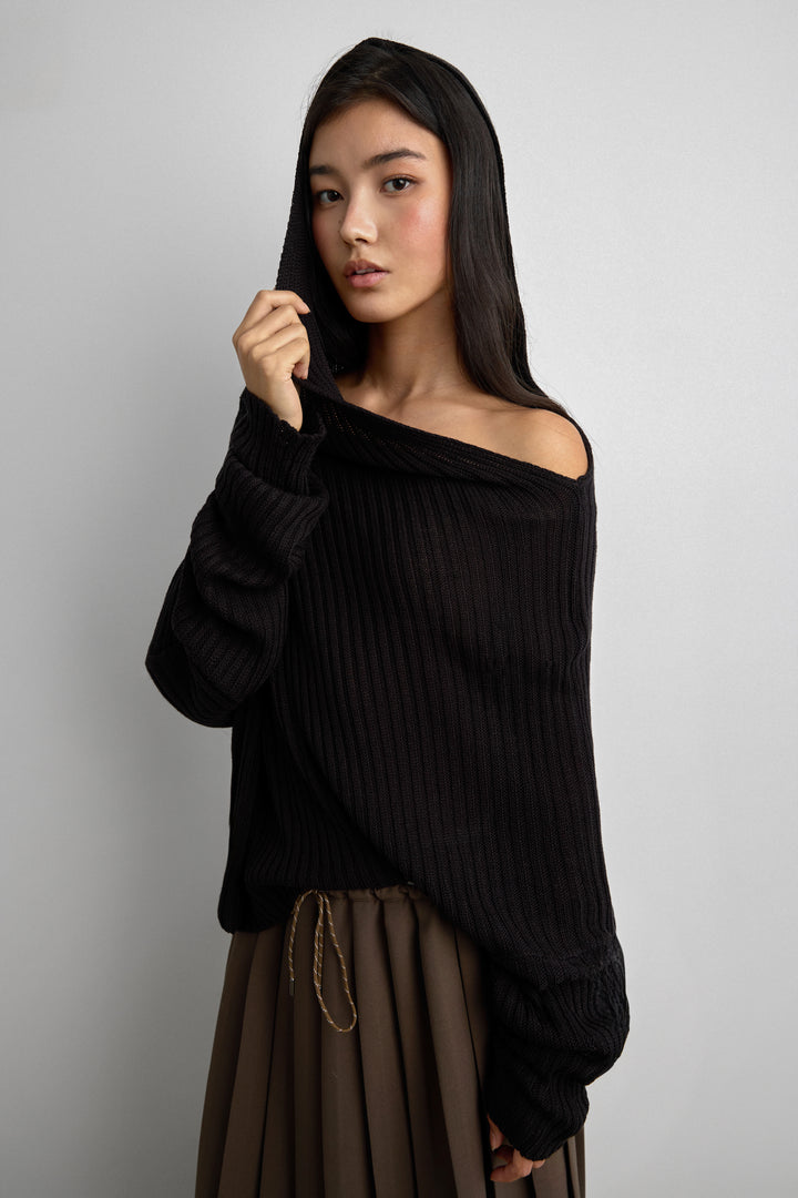 SLOUCHY OFF THE SHOULDER KNIT HOODIE in Black — alternate angle