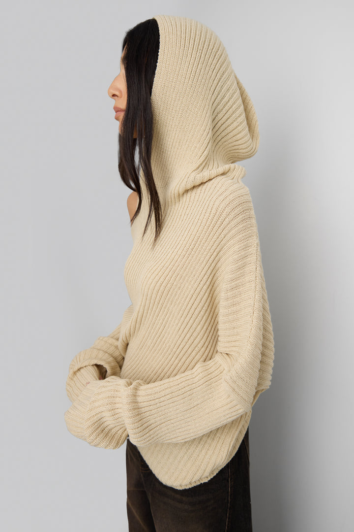 SLOUCHY OFF THE SHOULDER KNIT HOODIE in Oatmeal — alternate angle