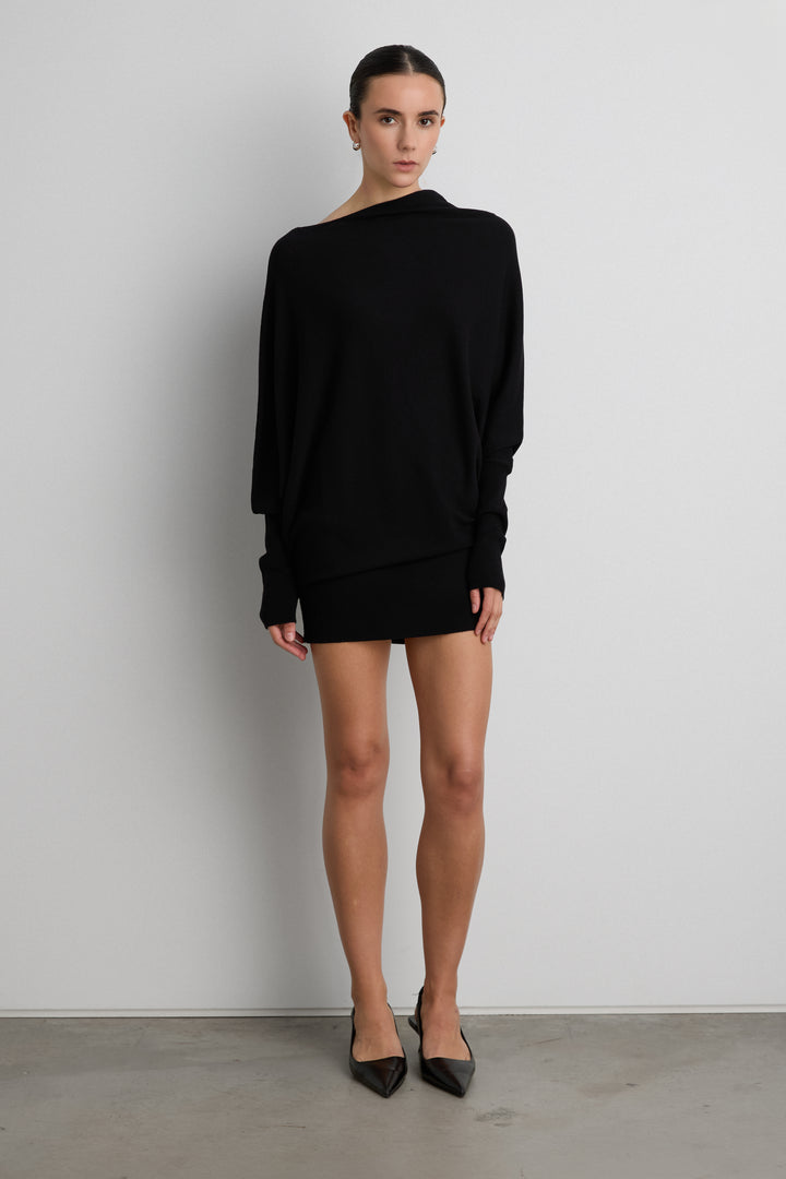 ASYMMETRICAL SWEATER WITH CUFFED SLEEVE in Black — alternate angle