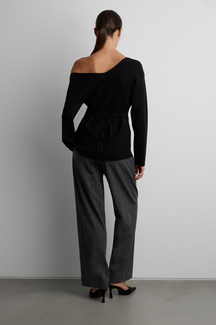 V-NECK BUTTON FRONT SWEATER WITH WAIST TIE in Black — alternate angle