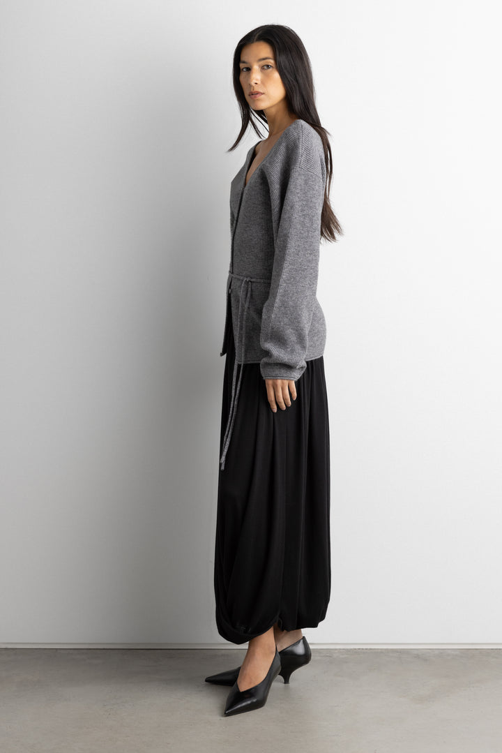 V-NECK BUTTON FRONT SWEATER WITH WAIST TIE in Heather Lava Smoke — alternate angle