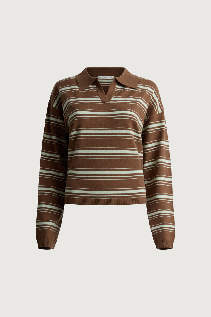 STRIPED LONG SLEEVE POLO SWEATER in Cocoa Mint Stripe — alternate angle