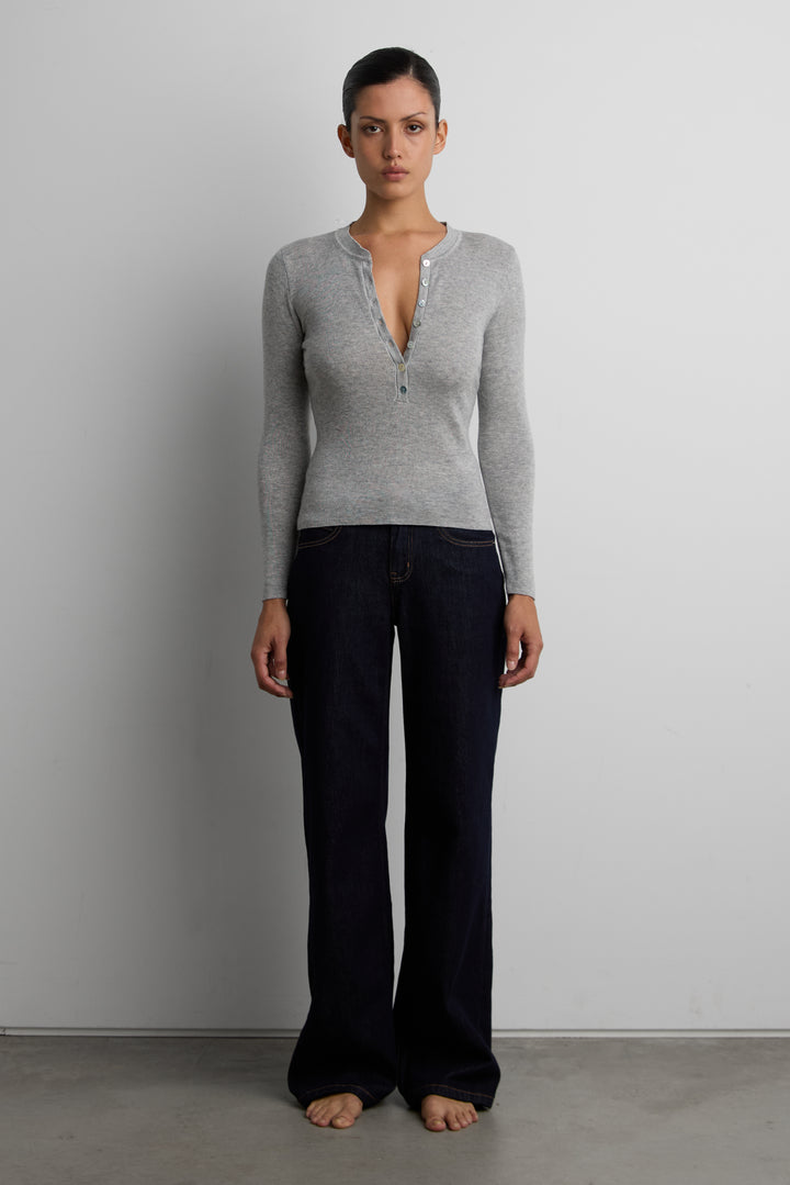 HENLEY BUTTON-FRONT LONG SLEEVE TOP in Gray — alternate angle