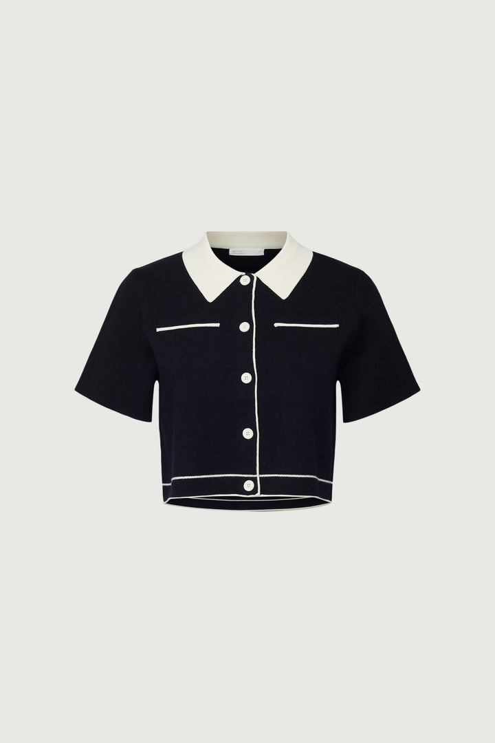 CROPPED KNIT CONTRAST TRIM TOP in Black Cream — alternate angle