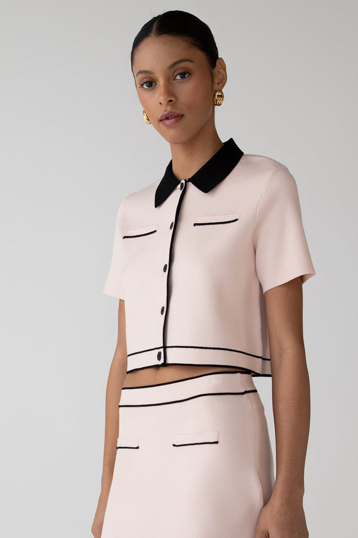 CROPPED KNIT CONTRAST TRIM TOP in Black Cream — alternate angle