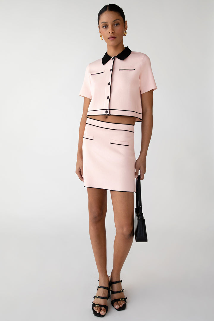 CROPPED KNIT CONTRAST TRIM TOP in Pink Rose Black — alternate angle