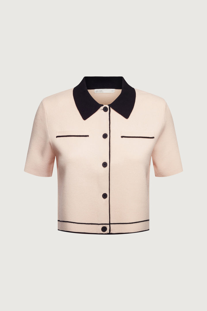 CROPPED KNIT CONTRAST TRIM TOP in Pink Rose Black — alternate angle