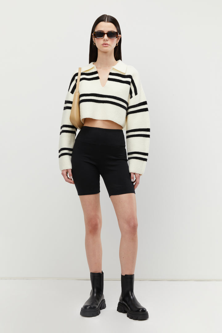 COLLARED STRIPED SWEATER in Cream Black Stripe — alternate angle