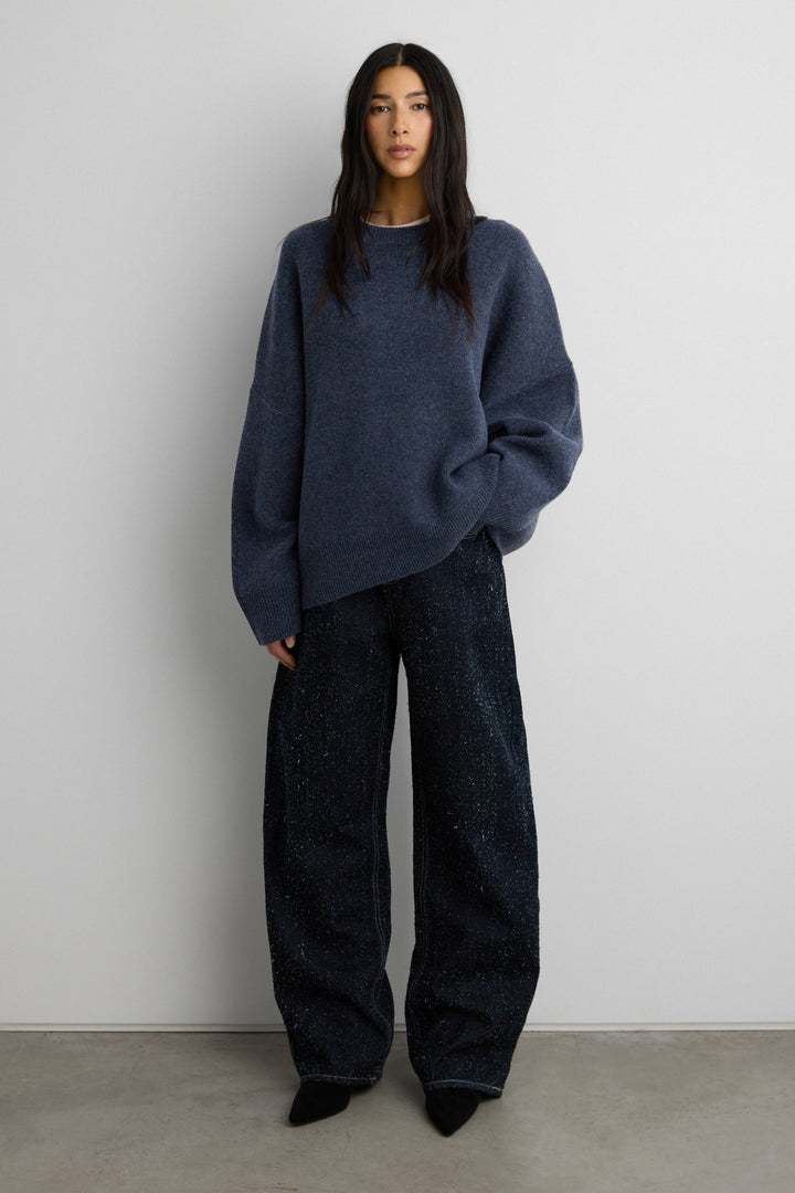 CHECKERED CREWNECK SWEATER in EVENING BLUE SOLID — alternate angle