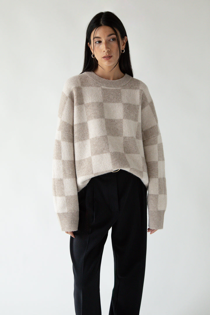 CHECKERED CREWNECK SWEATER in Heather Oatmeal Check — alternate angle