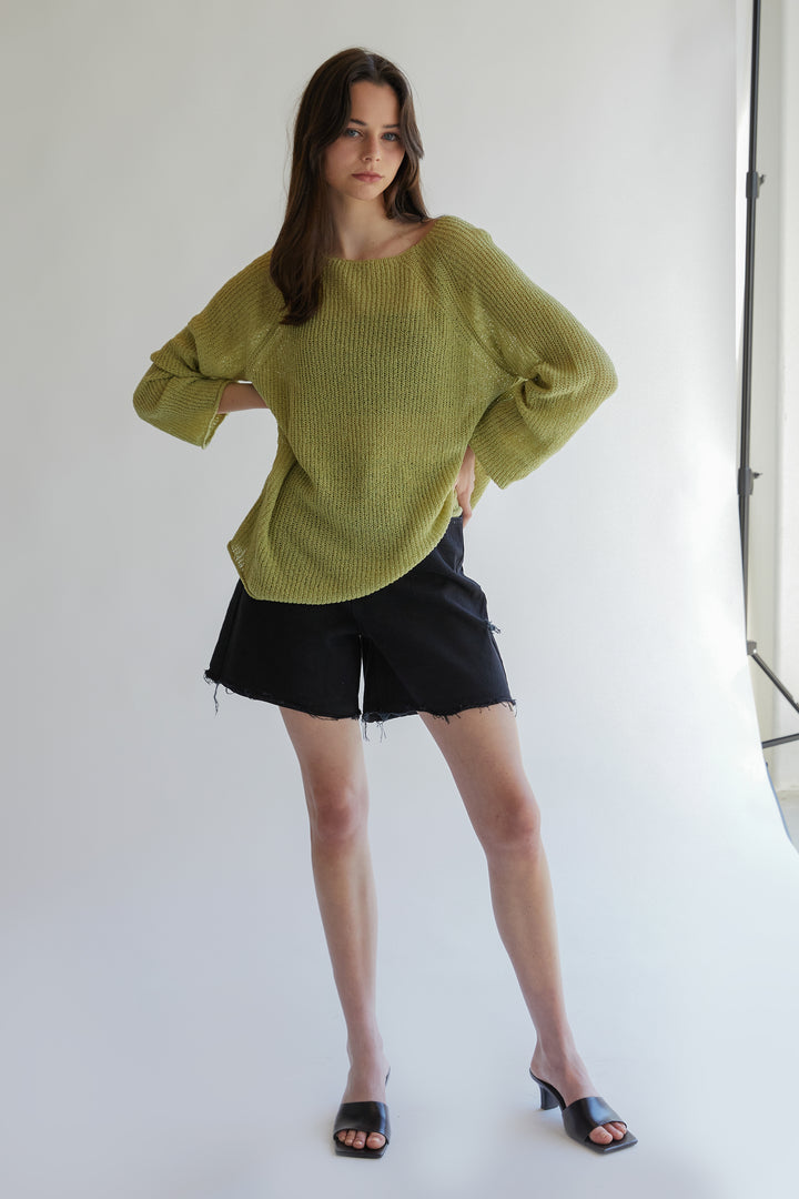 LIGHTWEIGHT RIB-KNIT SWEATER in Olive — alternate angle
