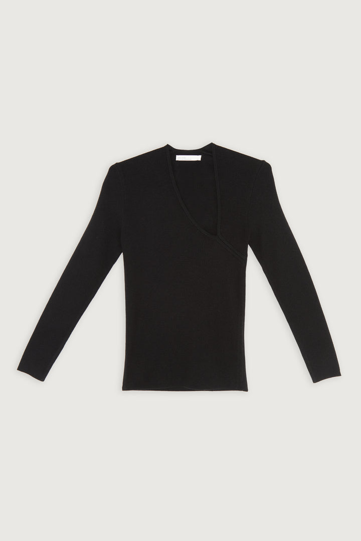 CUT-OUT NECK LONG SLEEVE TOP in Black — alternate angle