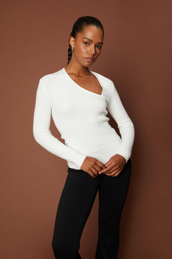 CUT-OUT NECK LONG SLEEVE TOP in Cream — alternate angle