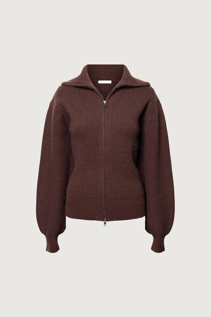 HIGH NECKLINE ZIP UP SWEATER in Coffee Bean — alternate angle