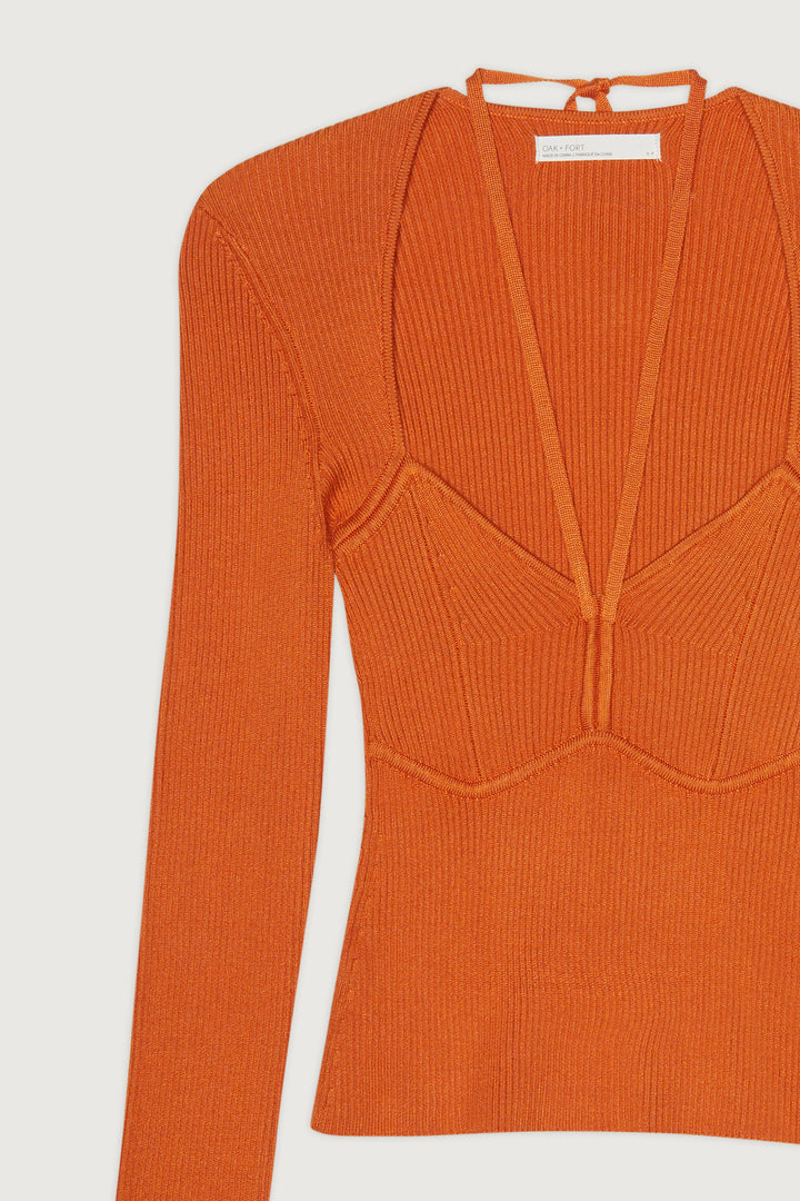 SWEETHEART KNIT TOP WITH HALTER TIES in Apricot Orange — alternate angle