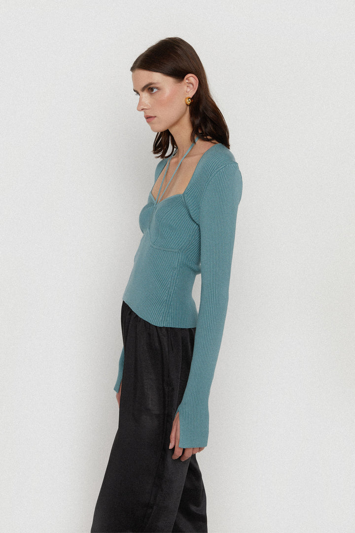 SWEETHEART KNIT TOP WITH HALTER TIES in Arctic Blue — alternate angle
