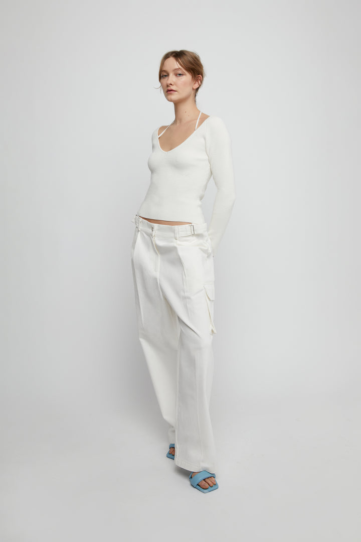 V-NECK HALTER SWEATER in Cream — alternate angle