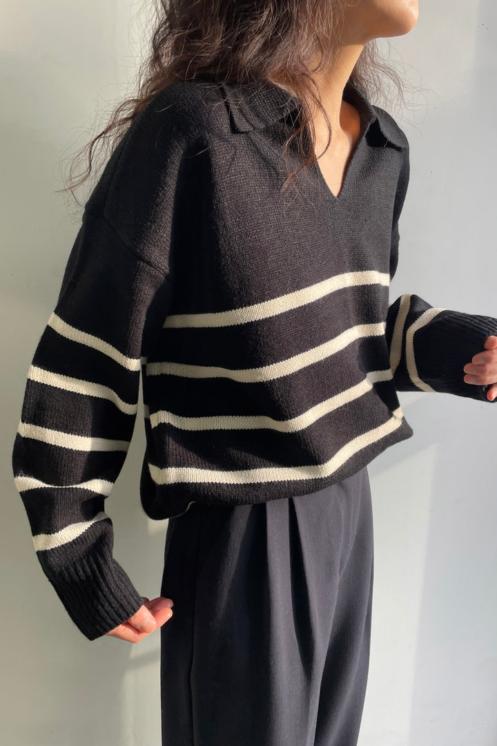 STRIPED COLLARED SWEATER in Black Oatmeal Stripe — alternate angle