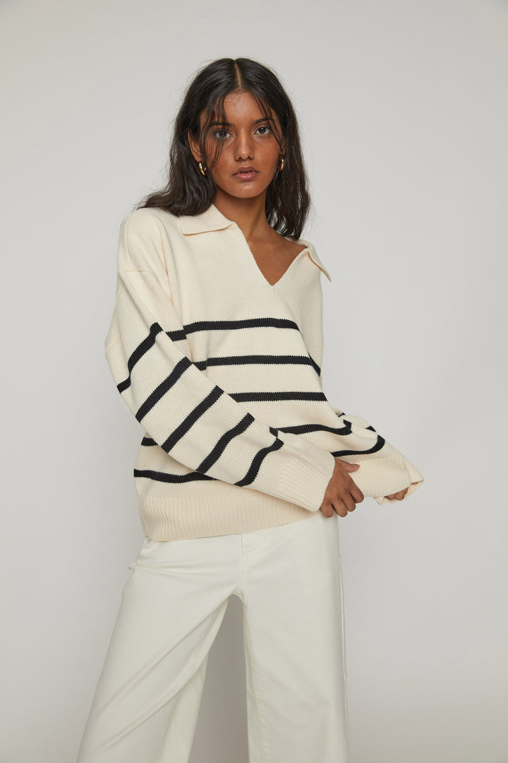 STRIPED COLLARED SWEATER in Oatmeal Black Stripe — alternate angle