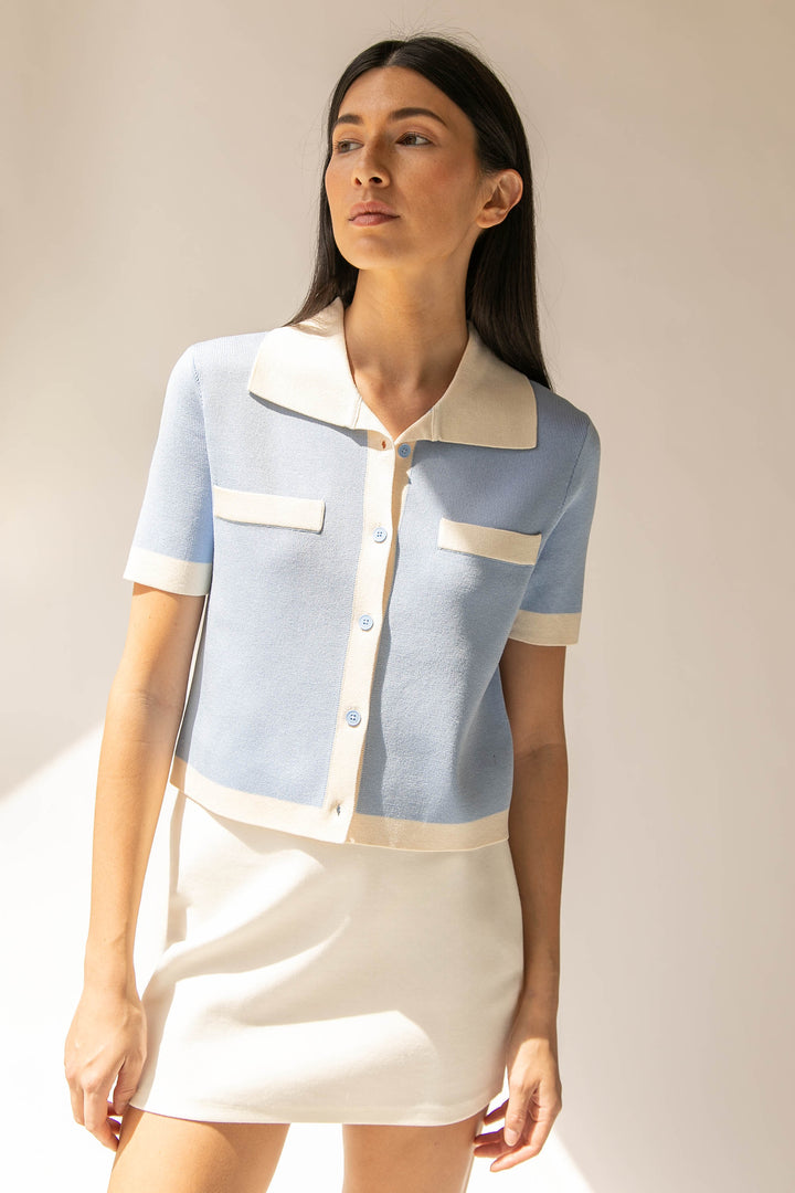 CONTRAST TRIM POLO SWEATER in Summer Sky Oat Milk — alternate angle