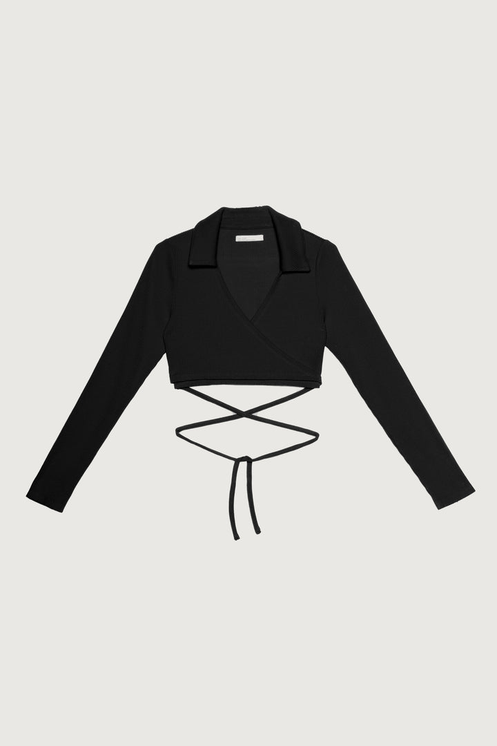 COLLARED WRAP TOP in Black — alternate angle