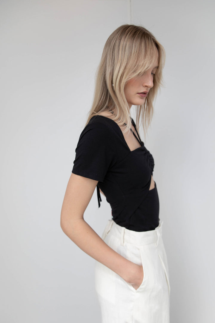 HALTER NECK CUTOUT TEE in Black — alternate angle