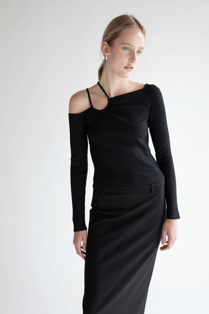 OFF SHOULDER TOP WITH STRAP DETAILS in Black — alternate angle