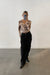 Ruched front mesh top in gray print — main image