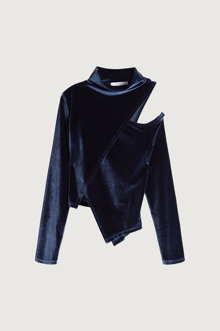 MOCKNECK ASYMMETRIC VELVET TOP in Navy Blazer — alternate angle