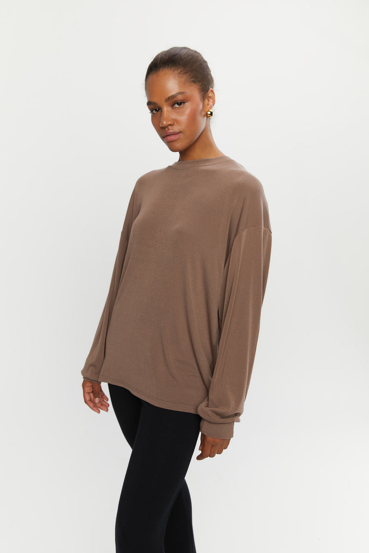 LONG SLEEVE TOP WITH OPEN BACK in Brown — alternate angle