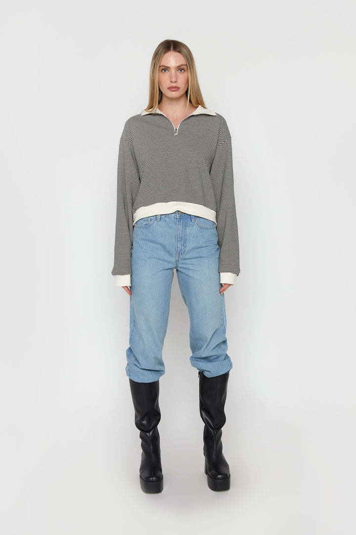 STRIPED COLLARED LONG SLEEVE TOP in Black — alternate angle