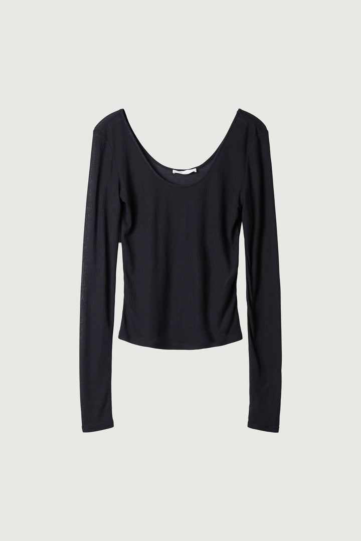 SHEER SCOOP NECK LONG SLEEVE TOP in Black — alternate angle