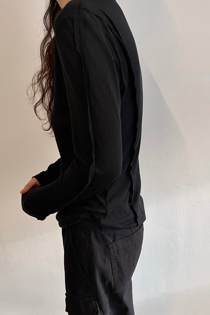 SHEER CREWNECK LONG SLEEVE TOP in Black — alternate angle