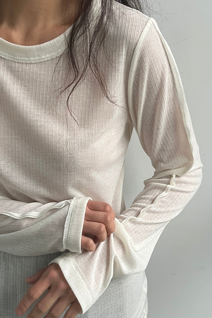 SHEER CREWNECK LONG SLEEVE TOP in Cream — alternate angle