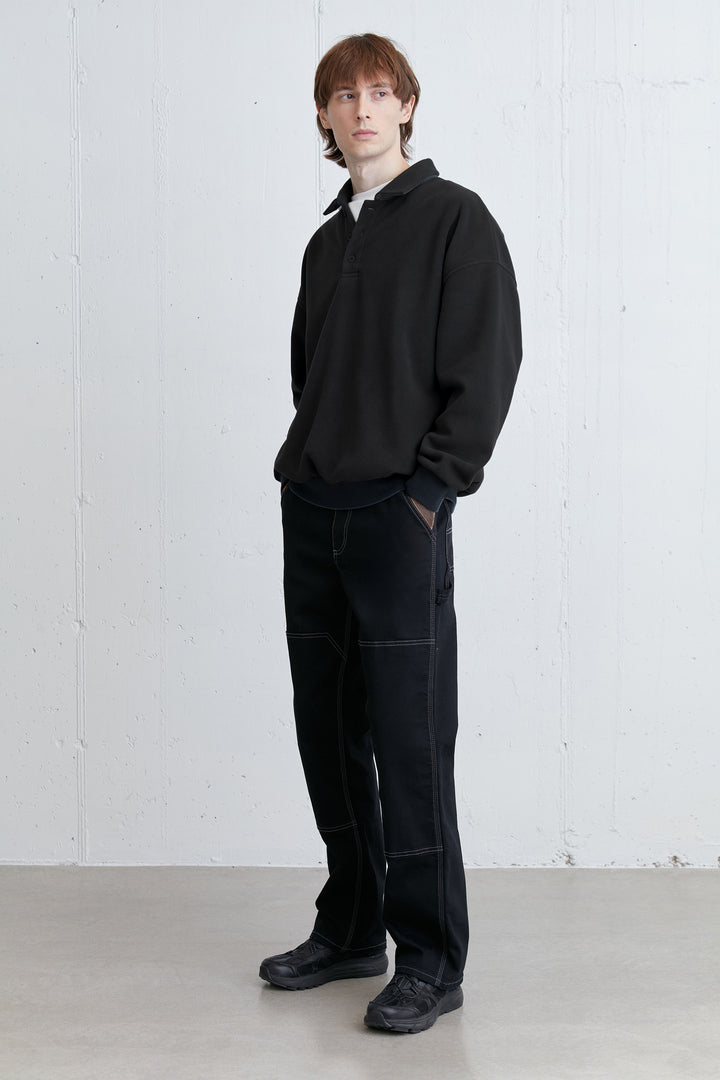 FLEECE POLO SWEATER in Black — alternate angle