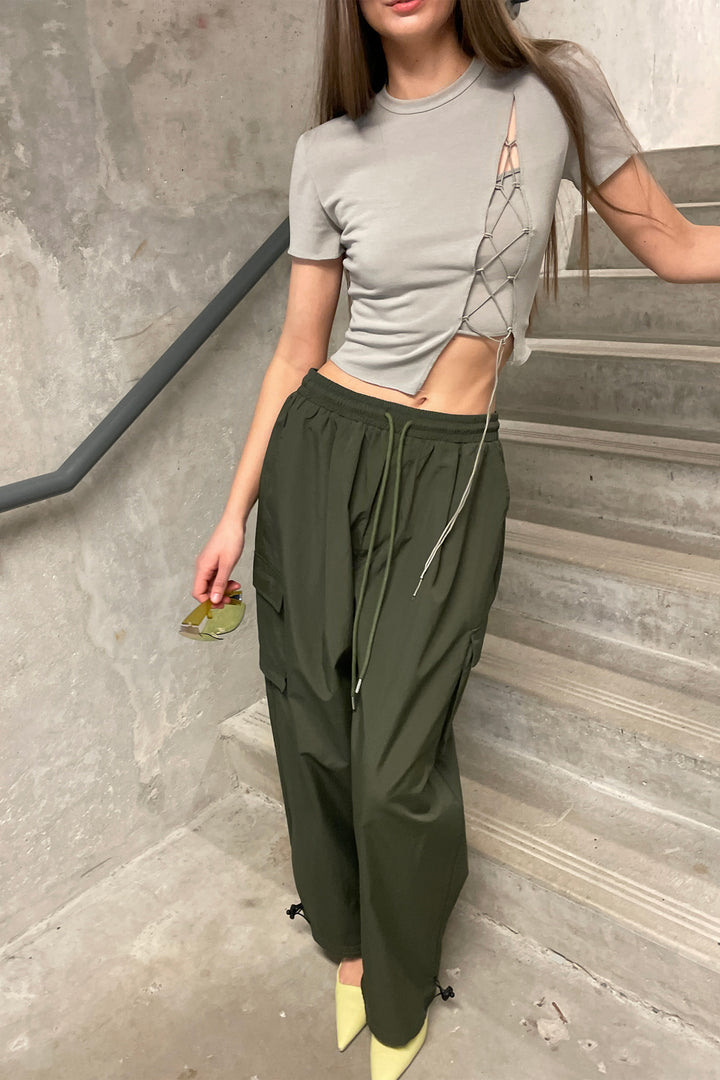 CROPPED TEE WITH DIAGONAL TIE in Khaki — alternate angle