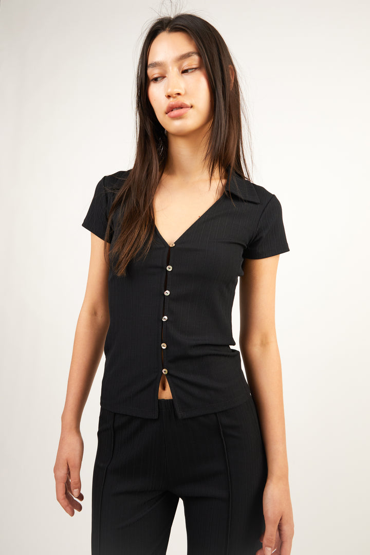 POLO KNIT BUTTON FRONT TOP in Black Beauty — alternate angle