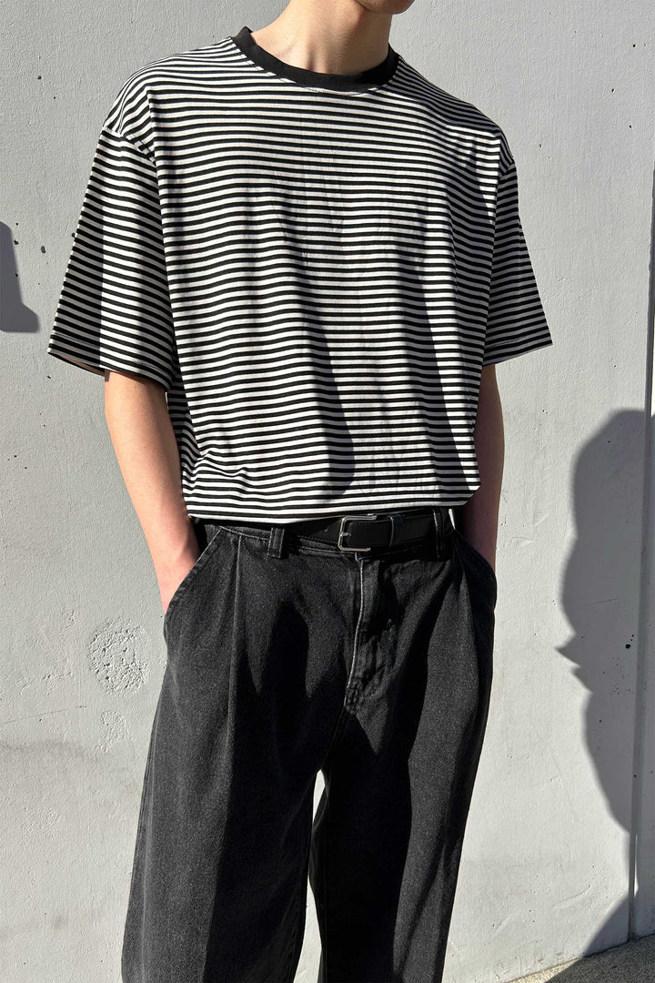STRIPED CREWNECK TEE in Black — alternate angle